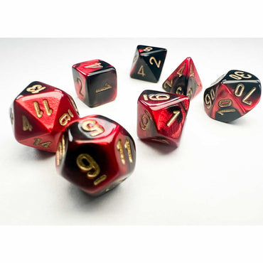 CHX20633 Black and Red Gemini Mini Dice with Gold Colored Numbers 10mm (3/8in) Set of 7 (ONLINE ORDER ONLY)