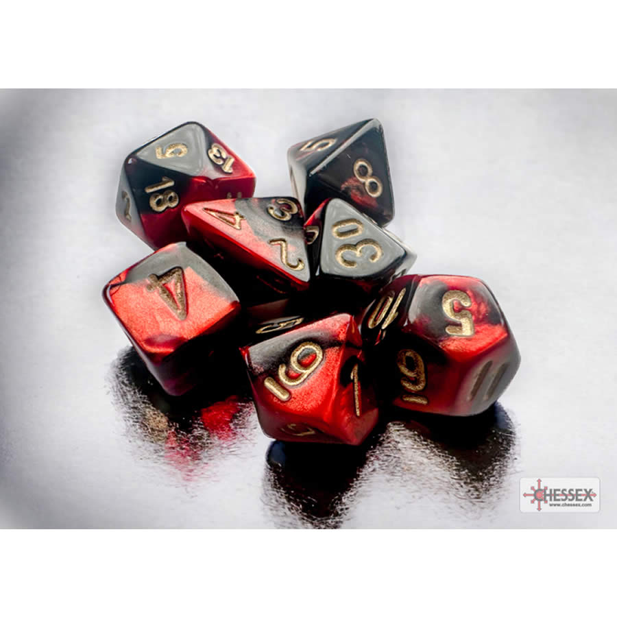 CHX20633 Black and Red Gemini Mini Dice with Gold Colored Numbers 10mm (3/8in) Set of 7 (ONLINE ORDER ONLY)