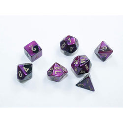 CHX20640 Black and Purple Gemini Mini Dice with Gold Colored Numbers 10mm (3/8in) Set of 7 (ONLINE ORDER ONLY)