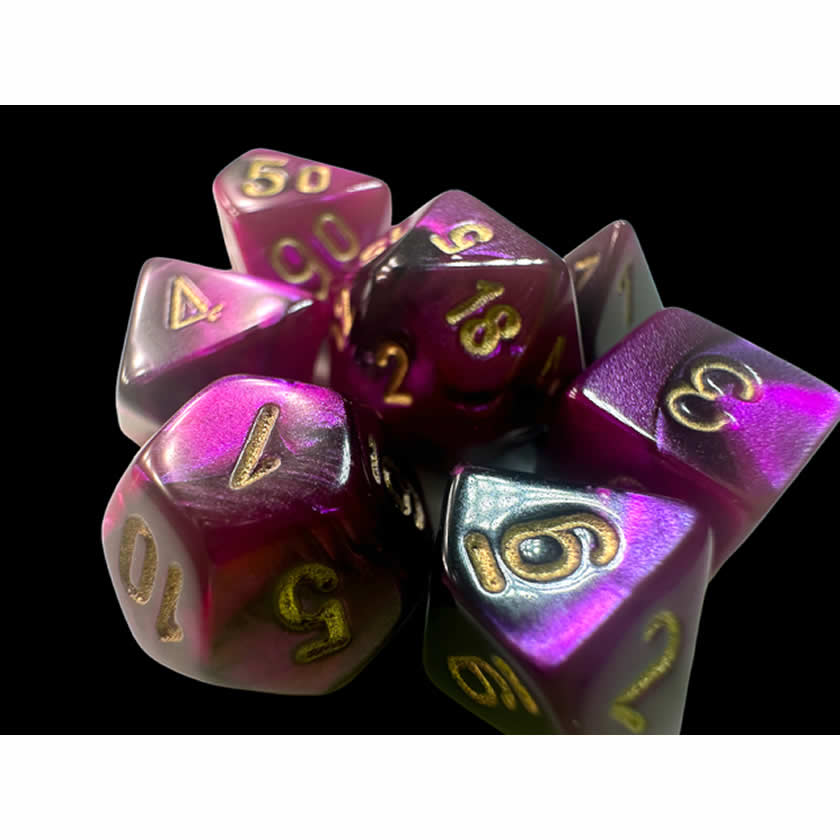 CHX20640 Black and Purple Gemini Mini Dice with Gold Colored Numbers 10mm (3/8in) Set of 7 (ONLINE ORDER ONLY)