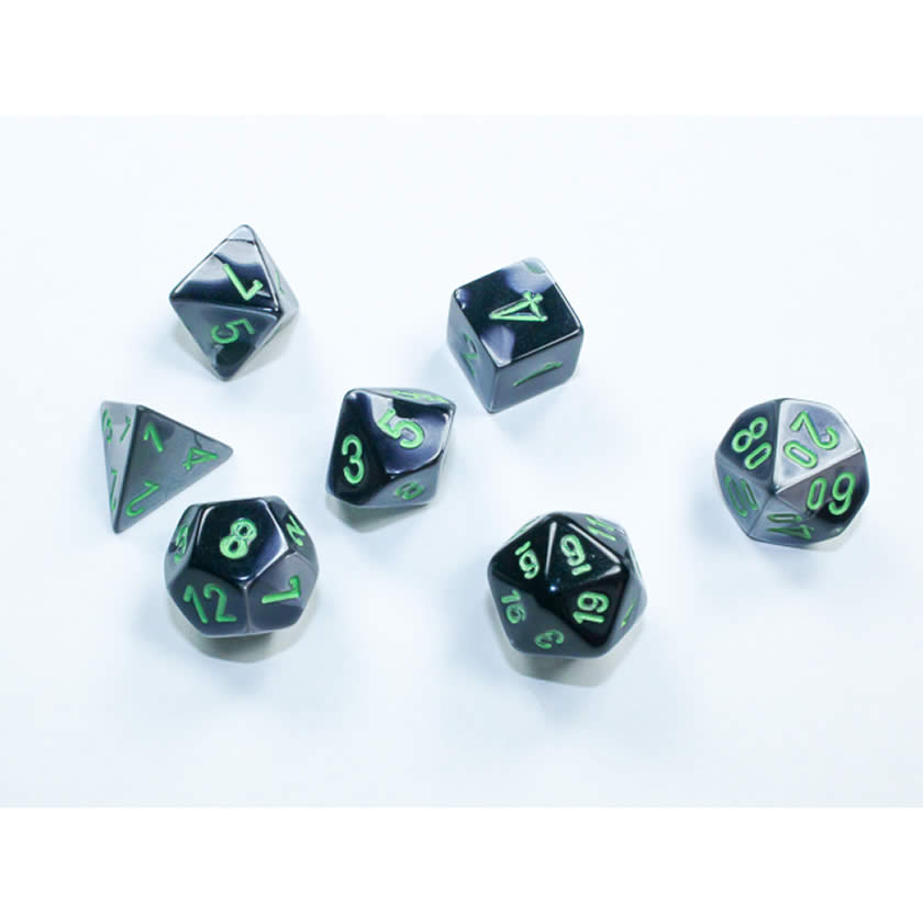 CHX20645 Black and Grey Gemini Mini Dice with Green Colored Numbers 10mm (3/8in) Set of 7 (ONLINE ORDER ONLY)