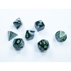 CHX20645 Black and Grey Gemini Mini Dice with Green Colored Numbers 10mm (3/8in) Set of 7 (ONLINE ORDER ONLY)