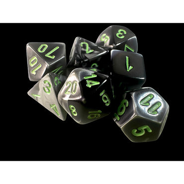 CHX20645 Black and Grey Gemini Mini Dice with Green Colored Numbers 10mm (3/8in) Set of 7 (ONLINE ORDER ONLY)