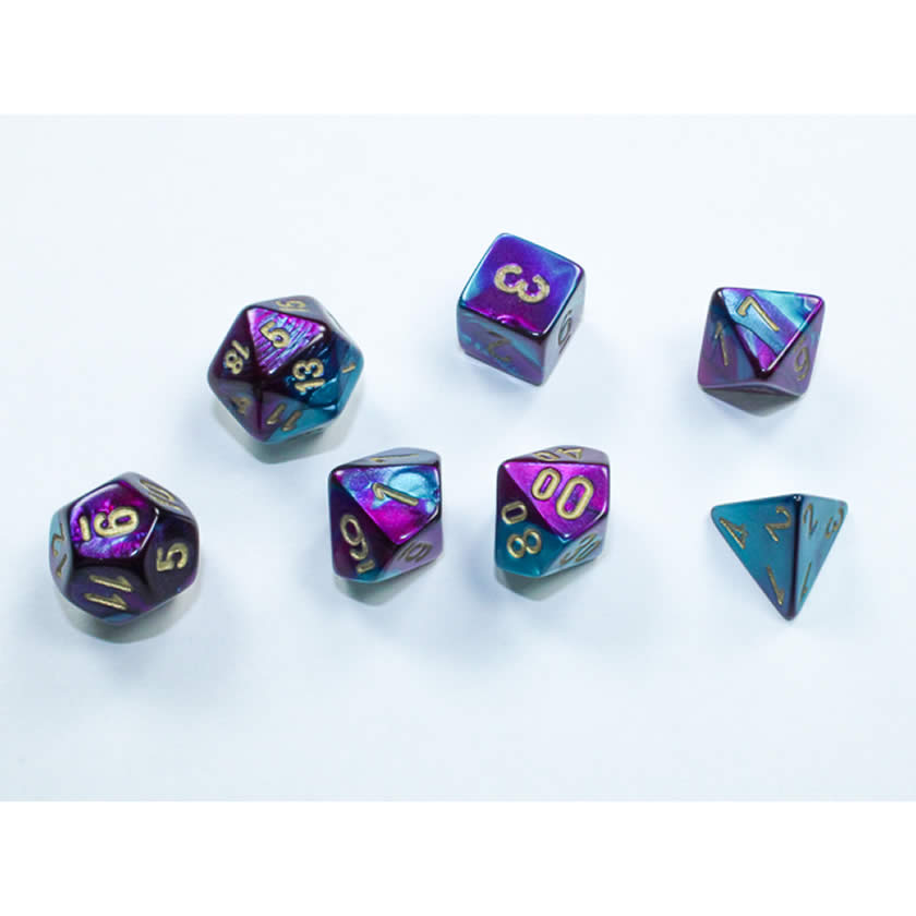 CHX20649 Purple and Teal Gemini Mini Dice with Gold Colored Numbers 10mm (3/8in) Set of 7 (ONLINE ORDER ONLY)