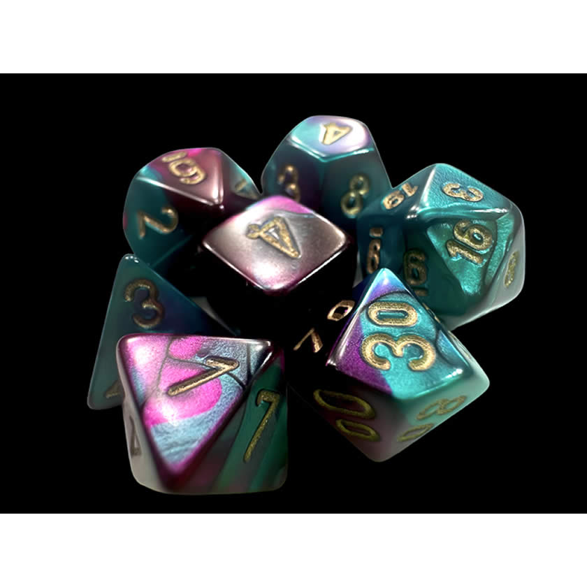 CHX20649 Purple and Teal Gemini Mini Dice with Gold Colored Numbers 10mm (3/8in) Set of 7 (ONLINE ORDER ONLY)