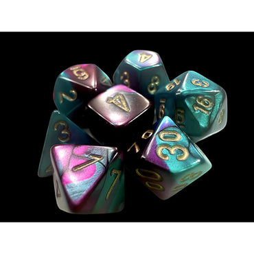 CHX20649 Purple and Teal Gemini Mini Dice with Gold Colored Numbers 10mm (3/8in) Set of 7 (ONLINE ORDER ONLY)