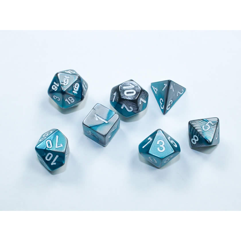 CHX20656 Steel and Teal Gemini Mini Dice with White Colored Numbers 10mm (3/8in) Set of 7 (ONLINE ORDER ONLY)