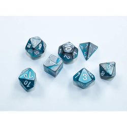 CHX20656 Steel and Teal Gemini Mini Dice with White Colored Numbers 10mm (3/8in) Set of 7 (ONLINE ORDER ONLY)