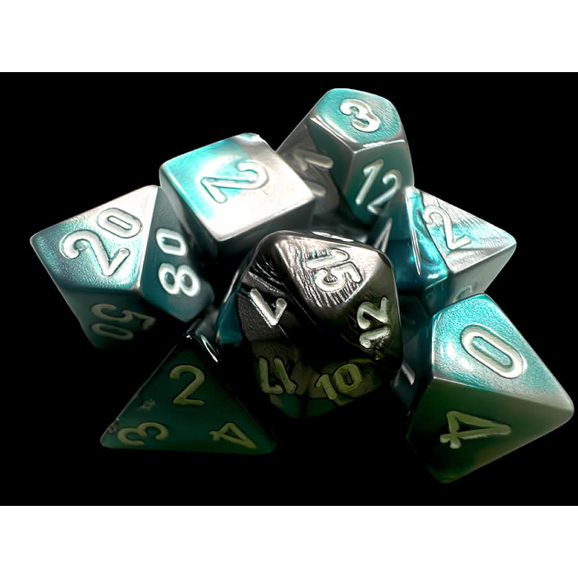 CHX20656 Steel and Teal Gemini Mini Dice with White Colored Numbers 10mm (3/8in) Set of 7 (ONLINE ORDER ONLY)