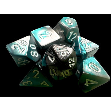 CHX20656 Steel and Teal Gemini Mini Dice with White Colored Numbers 10mm (3/8in) Set of 7 (ONLINE ORDER ONLY)