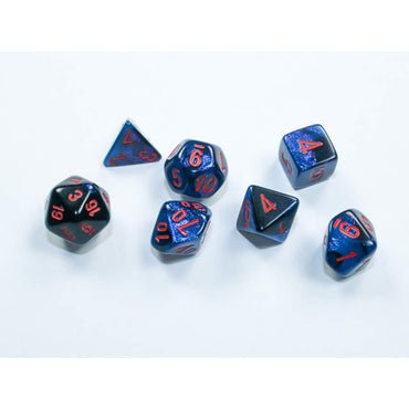 CHX20658 Black and Starlight Gemini Mini Dice with Red Colored Numbers 10mm (3/8in) Set of 7 (ONLINE ORDER ONLY)