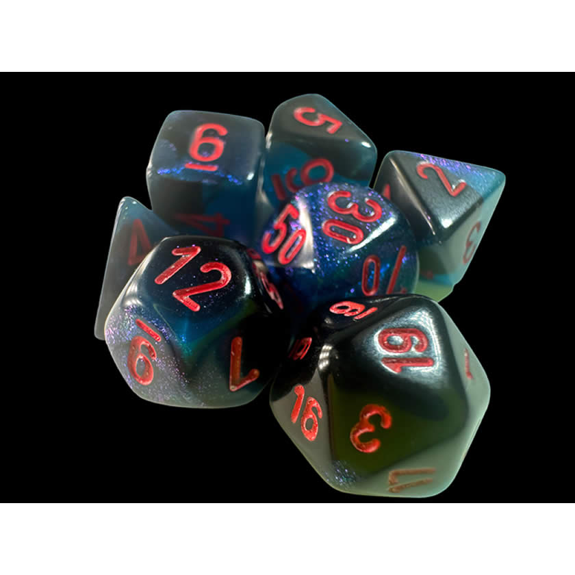 CHX20658 Black and Starlight Gemini Mini Dice with Red Colored Numbers 10mm (3/8in) Set of 7 (ONLINE ORDER ONLY)