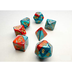CHX20662 Red and Teal Gemini Mini Dice with Gold Colored Numbers 10mm (3/8in) Set of 7 (ONLINE ORDER ONLY)