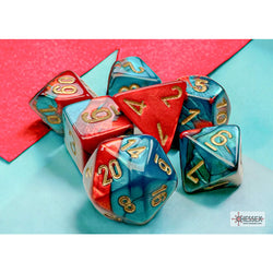 CHX20662 Red and Teal Gemini Mini Dice with Gold Colored Numbers 10mm (3/8in) Set of 7 (ONLINE ORDER ONLY)