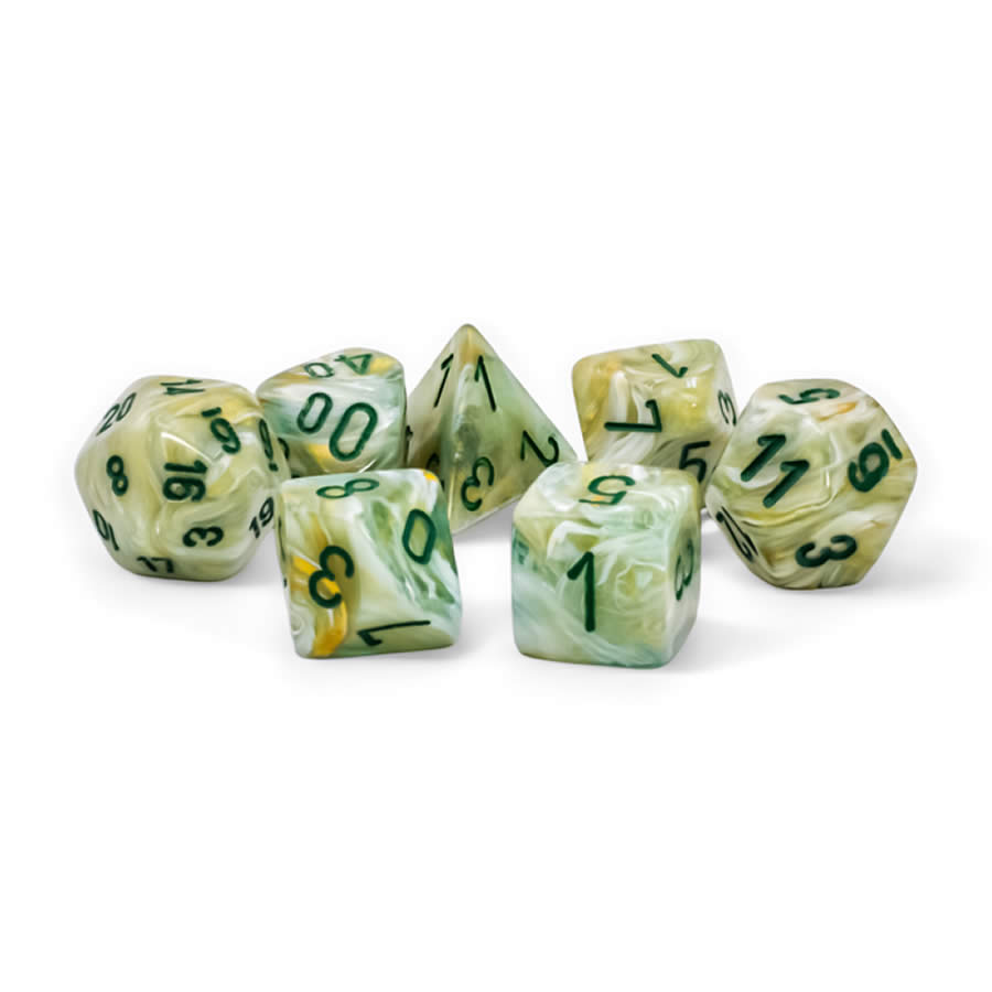 CHX22409 Green Marble Mega-Hedral Dice with Dark Green Colored Numbers 20mm (25/32in) Set of 7 (ONLINE ORDER ONLY)