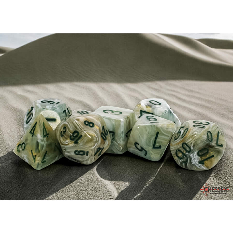 CHX22409 Green Marble Mega-Hedral Dice with Dark Green Colored Numbers 20mm (25/32in) Set of 7 (ONLINE ORDER ONLY)