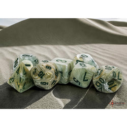 CHX22409 Green Marble Mega-Hedral Dice with Dark Green Colored Numbers 20mm (25/32in) Set of 7 (ONLINE ORDER ONLY)
