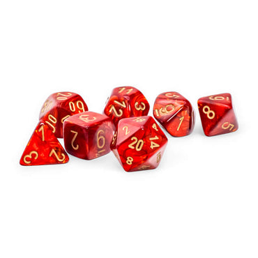 CHX22414 Scarlet Scarab Mega-Hedral Dice with Gold Colored Numbers 20mm (25/32in) Set of 7 (ONLINE ORDER ONLY)