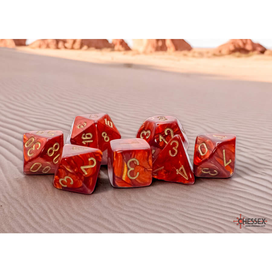 CHX22414 Scarlet Scarab Mega-Hedral Dice with Gold Colored Numbers 20mm (25/32in) Set of 7 (ONLINE ORDER ONLY)