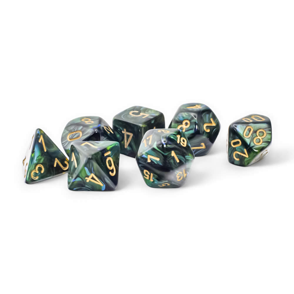 CHX22415 Jade Scarab Mega-Hedral Dice with Gold Colored Numbers 20mm (25/32in) Set of 7 (ONLINE ORDER ONLY)