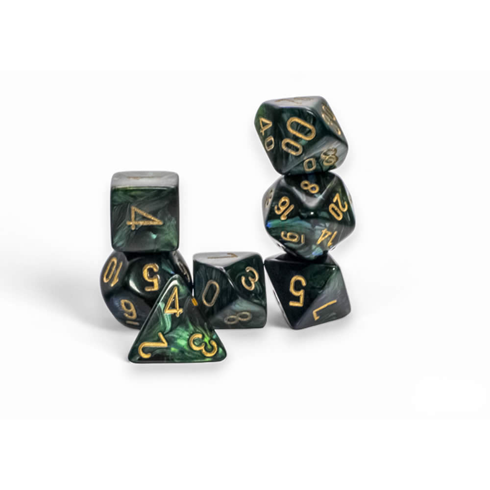 CHX22415 Jade Scarab Mega-Hedral Dice with Gold Colored Numbers 20mm (25/32in) Set of 7 (ONLINE ORDER ONLY)