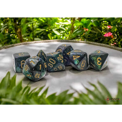 CHX22415 Jade Scarab Mega-Hedral Dice with Gold Colored Numbers 20mm (25/32in) Set of 7 (ONLINE ORDER ONLY)