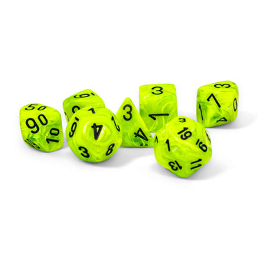 CHX22430 Bright Green Vortex Mega-Hedral Dice with Black Colored Numbers 20mm (25/32in) Set of 7 (ONLINE ORDER ONLY)