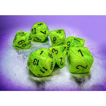 CHX22430 Bright Green Vortex Mega-Hedral Dice with Black Colored Numbers 20mm (25/32in) Set of 7 (ONLINE ORDER ONLY)