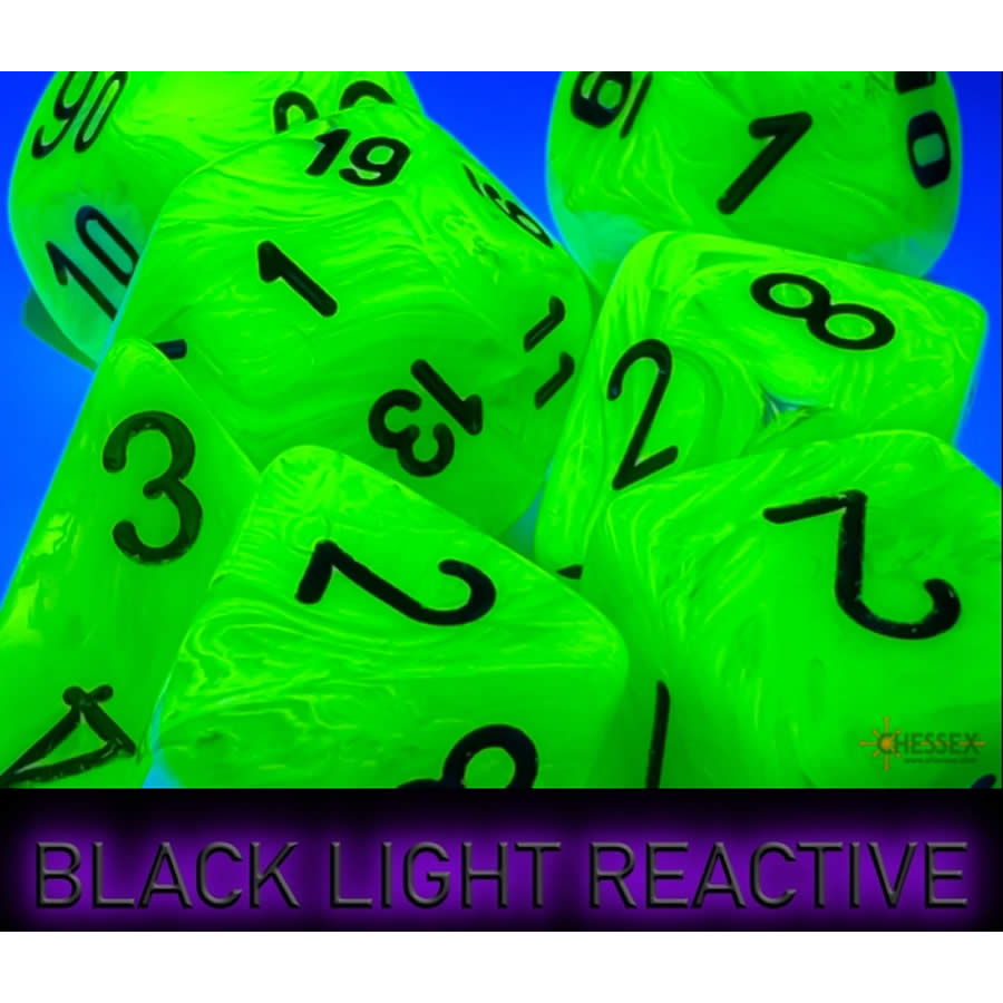 CHX22430 Bright Green Vortex Mega-Hedral Dice with Black Colored Numbers 20mm (25/32in) Set of 7 (ONLINE ORDER ONLY)