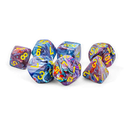 CHX22450 Mosaic Festive Mega-Hedral Dice with Yellow Colored Numbers 20mm (25/32in) Set of 7 (ONLINE ORDER ONLY)