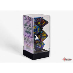 CHX22450 Mosaic Festive Mega-Hedral Dice with Yellow Colored Numbers 20mm (25/32in) Set of 7 (ONLINE ORDER ONLY)