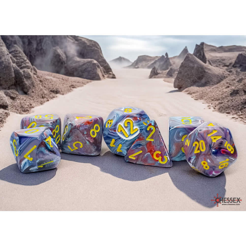 CHX22450 Mosaic Festive Mega-Hedral Dice with Yellow Colored Numbers 20mm (25/32in) Set of 7 (ONLINE ORDER ONLY)