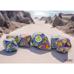 CHX22450 Mosaic Festive Mega-Hedral Dice with Yellow Colored Numbers 20mm (25/32in) Set of 7 (ONLINE ORDER ONLY)