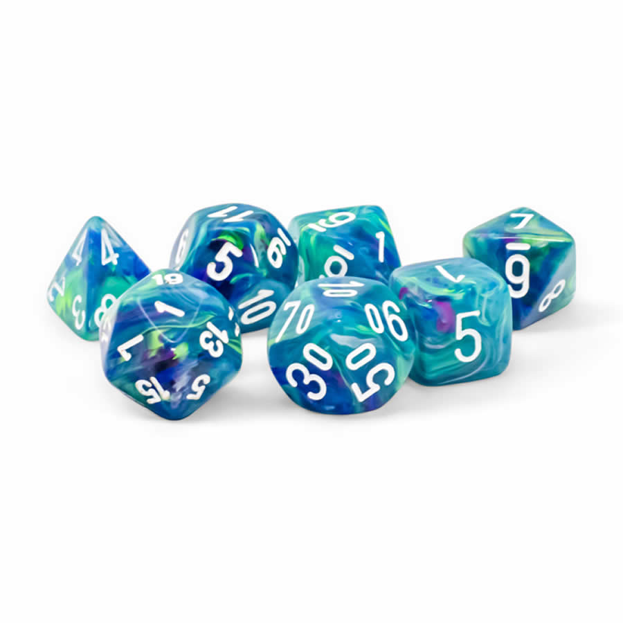 CHX22546 Waterlily Festive Mega-Hedral Dice with White Colored Numbers 20mm (25/32in) Set of 7 (ONLINE ORDER ONLY)