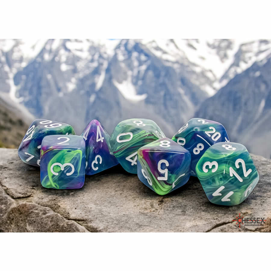CHX22546 Waterlily Festive Mega-Hedral Dice with White Colored Numbers 20mm (25/32in) Set of 7 (ONLINE ORDER ONLY)