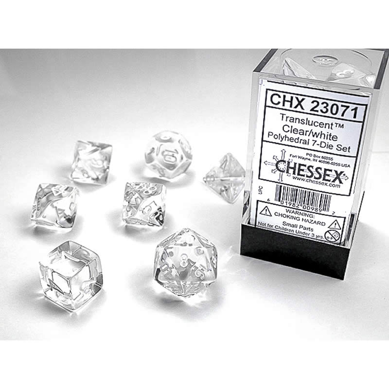 CHX23071 Clear Translucent Dice with White Numbers 16mm (5/8in) Set of 7 (ONLINE ORDER ONLY)