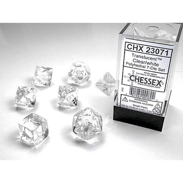 CHX23071 Clear Translucent Dice with White Numbers 16mm (5/8in) Set of 7 (ONLINE ORDER ONLY)