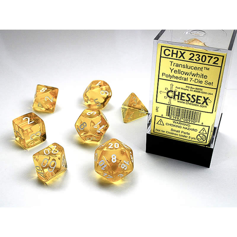 CHX23072 Yellow Translucent Dice with White Numbers 16mm (5/8in) Set of 7 (ONLINE ORDER ONLY)