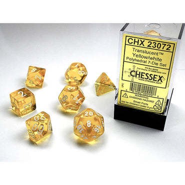 CHX23072 Yellow Translucent Dice with White Numbers 16mm (5/8in) Set of 7 (ONLINE ORDER ONLY)