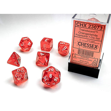 CHX23073 Orange Translucent Dice with White Numbers 16mm (5/8in) Set of 7 (ONLINE ORDER ONLY)