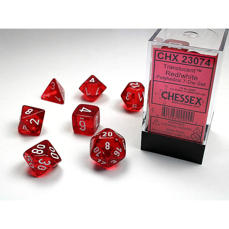 CHX23074 Red Translucent Dice with White Numbers 16mm (5/8in) Set of 7 (ONLINE ORDER ONLY)
