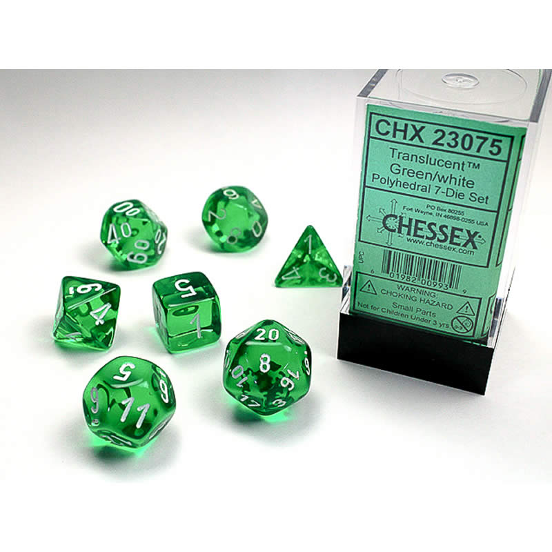 CHX23075 Green Translucent Dice with White Numbers 16mm (5/8in) Set of 7 (ONLINE ORDER ONLY)