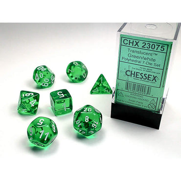 CHX23075 Green Translucent Dice with White Numbers 16mm (5/8in) Set of 7 (ONLINE ORDER ONLY)