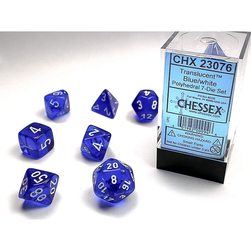 CHX23076 Blue Translucent Dice with White Numbers 16mm (5/8in) Set of 7 (ONLINE ORDER ONLY)
