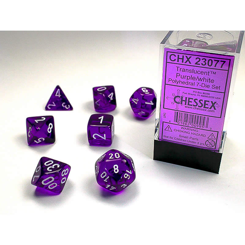 CHX23077 Purple Translucent Dice with White Numbers 16mm (5/8in) Set of 7 (ONLINE ORDER ONLY)