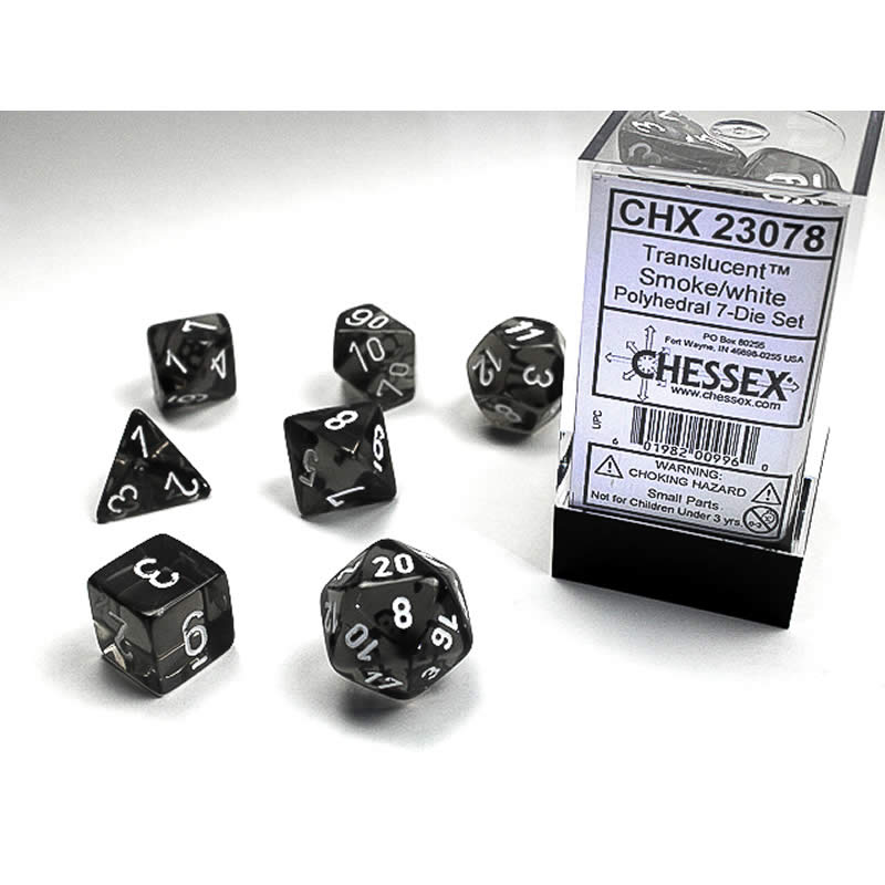 CHX23078 Smoke Translucent Dice with White Numbers 16mm (5/8in) Set of 7 (ONLINE ORDER ONLY)