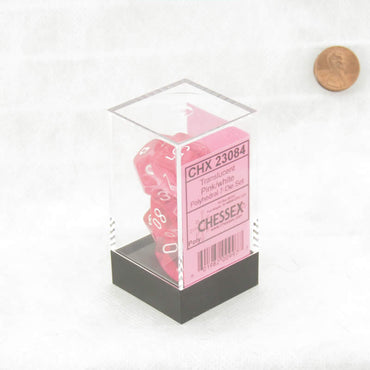 CHX23084 Pink Translucent Dice with White Numbers 16mm (5/8in) Set of 7 (ONLINE ORDER ONLY)