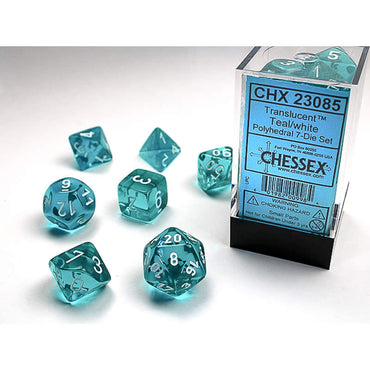 CHX23085 Teal Translucent Dice with White Numbers 16mm (5/8in) Set of 7 (ONLINE ORDER ONLY)