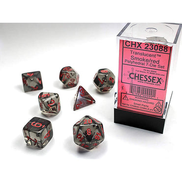 CHX23088 Smoke Translucent Dice with Red Numbers 16mm (5/8in) Set of 7 Chessex (ONLINE ORDER ONLY)