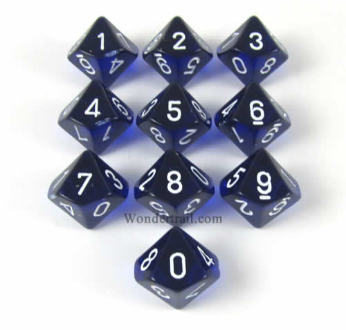 CHX23206 Blue Translucent Dice White Numbers D10 16mm Set of 10 (ONLINE ORDER ONLY)